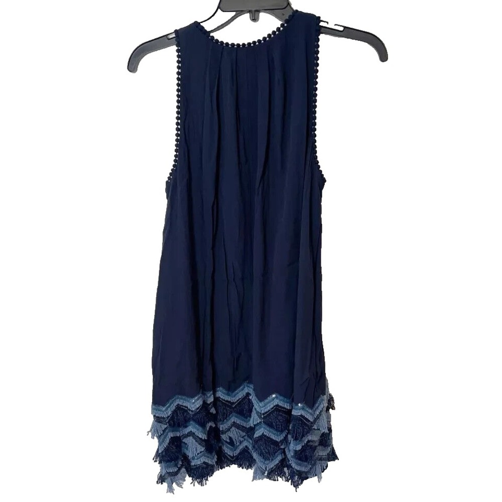Anthro Maeve Festivity Swing Mini Shift Dress 4P Blue Sleeveless Sequins Fringe